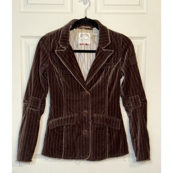 Triple Five Soul Women’s Brown Pinstripe Velvet Distressed Patchwork Blazer (S) - Picture 1 of 11